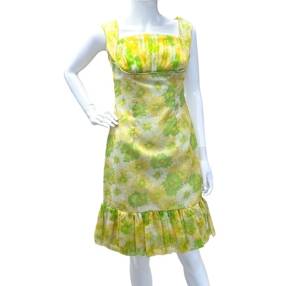 Vintage 1960s Mod Floral Wiggle Dress‎ Ruffle Ruched Bodice Organza Chiffon JS - Picture 2 of 14